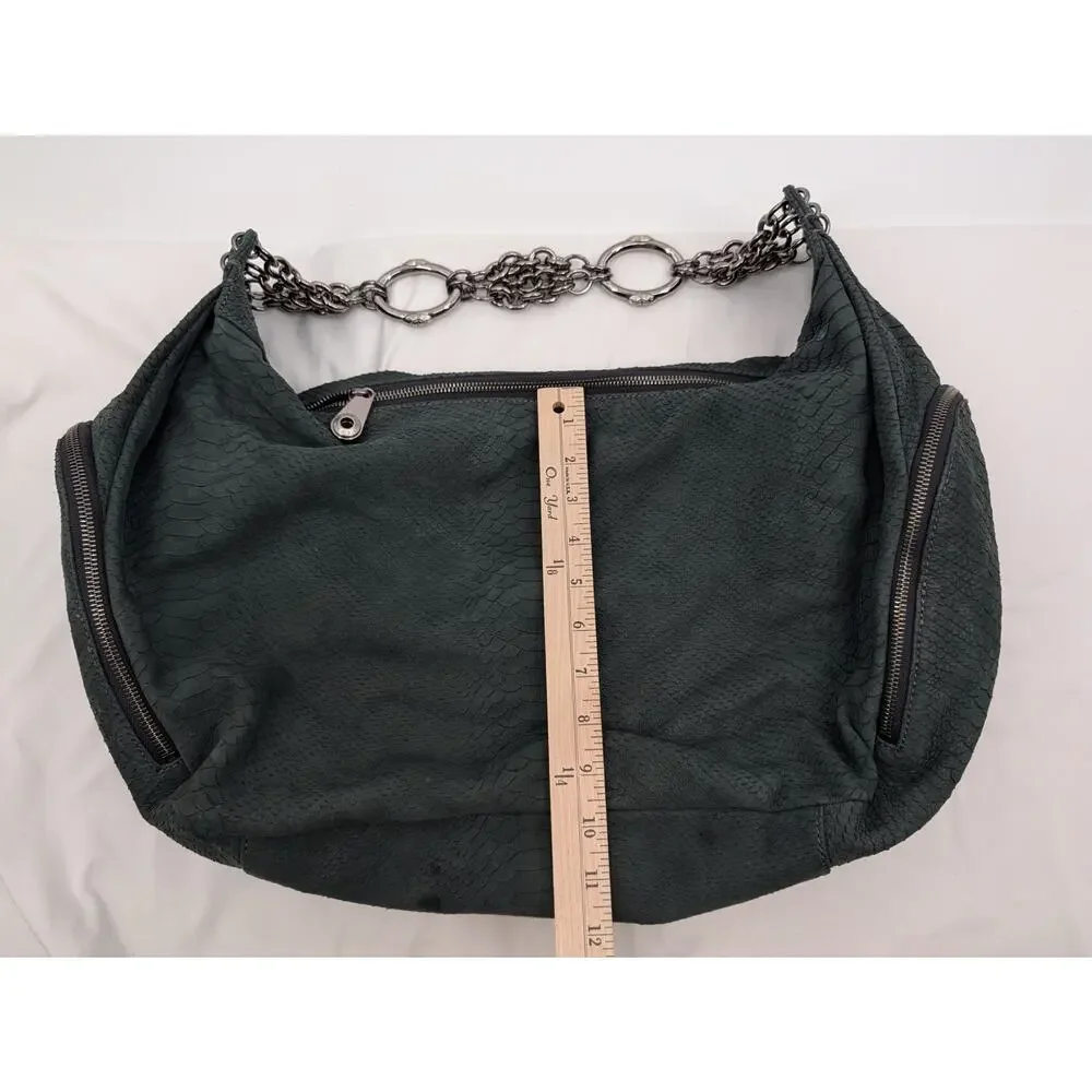 Henri Bendel Green Suede Leather Hobo Chain Strap Shoulder Bag Purple Interior